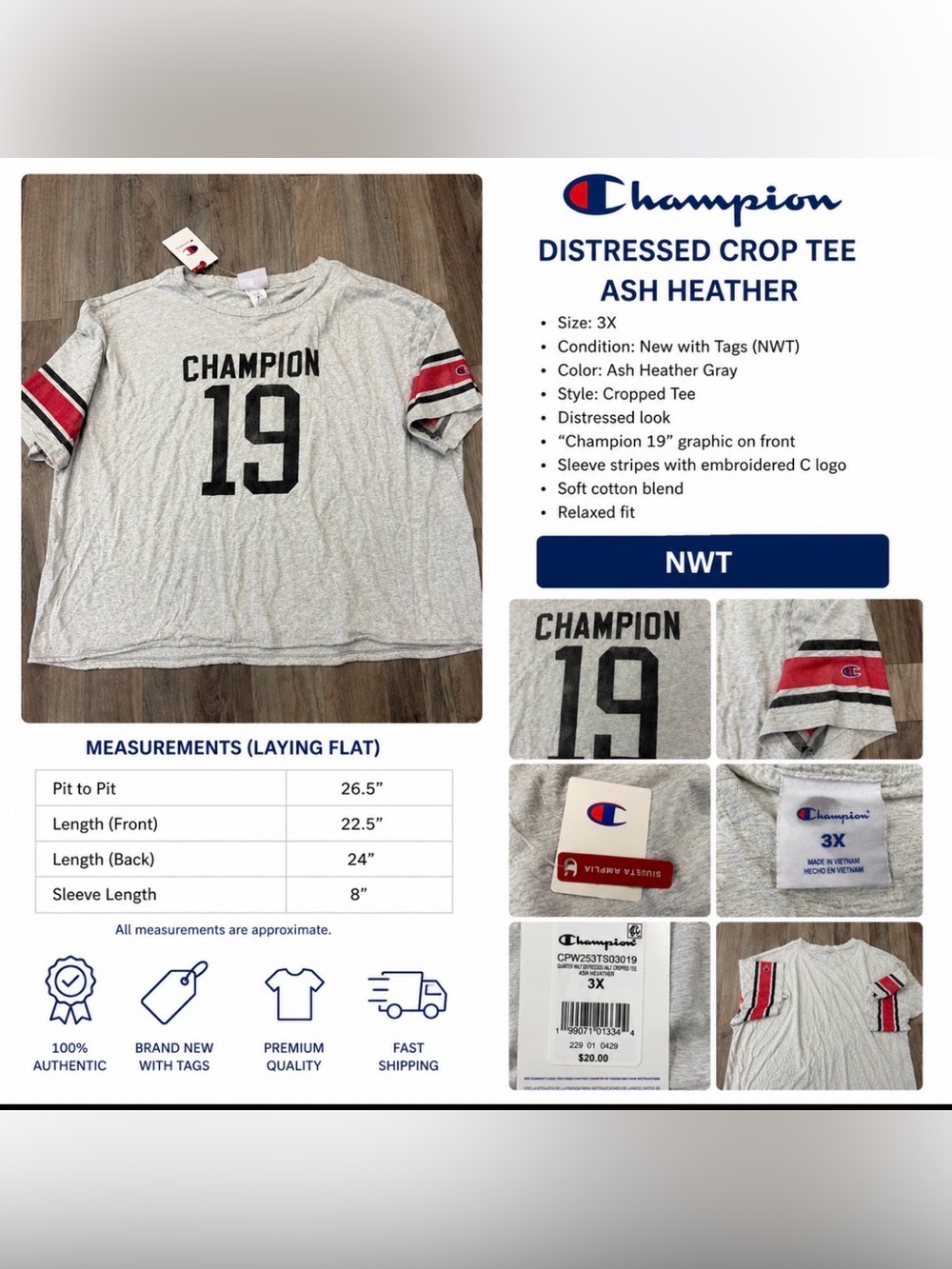 Champion Ash Heather Gray Crop Tee with Black 19 and Red-Trim Sleeves NWT 3x